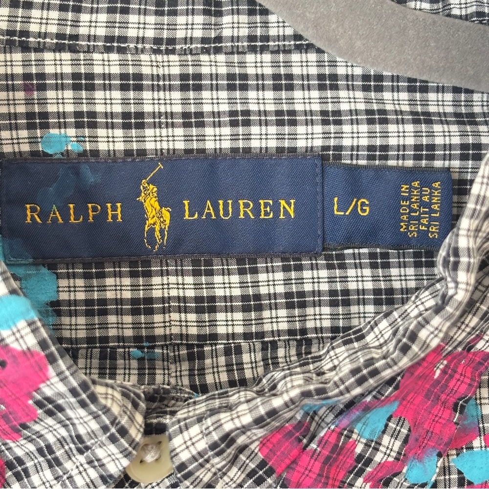 Ralph Lauren Men's Custom Painted Upcycled Button Down Checkered Large Shirt - Picture 4 of 12